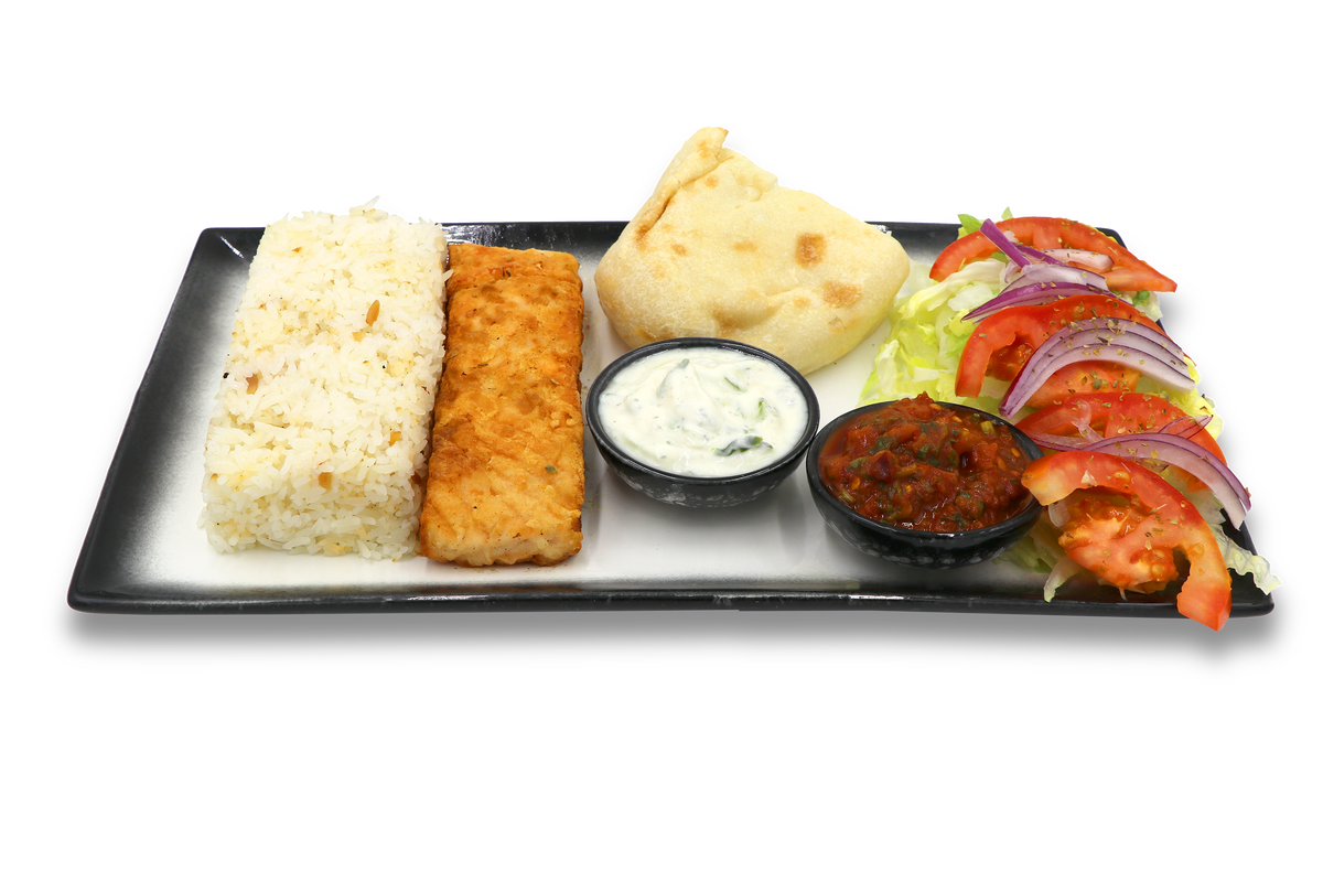 Fish Platter with fish, rice, bread, salad and dips at Captain Kitchen
