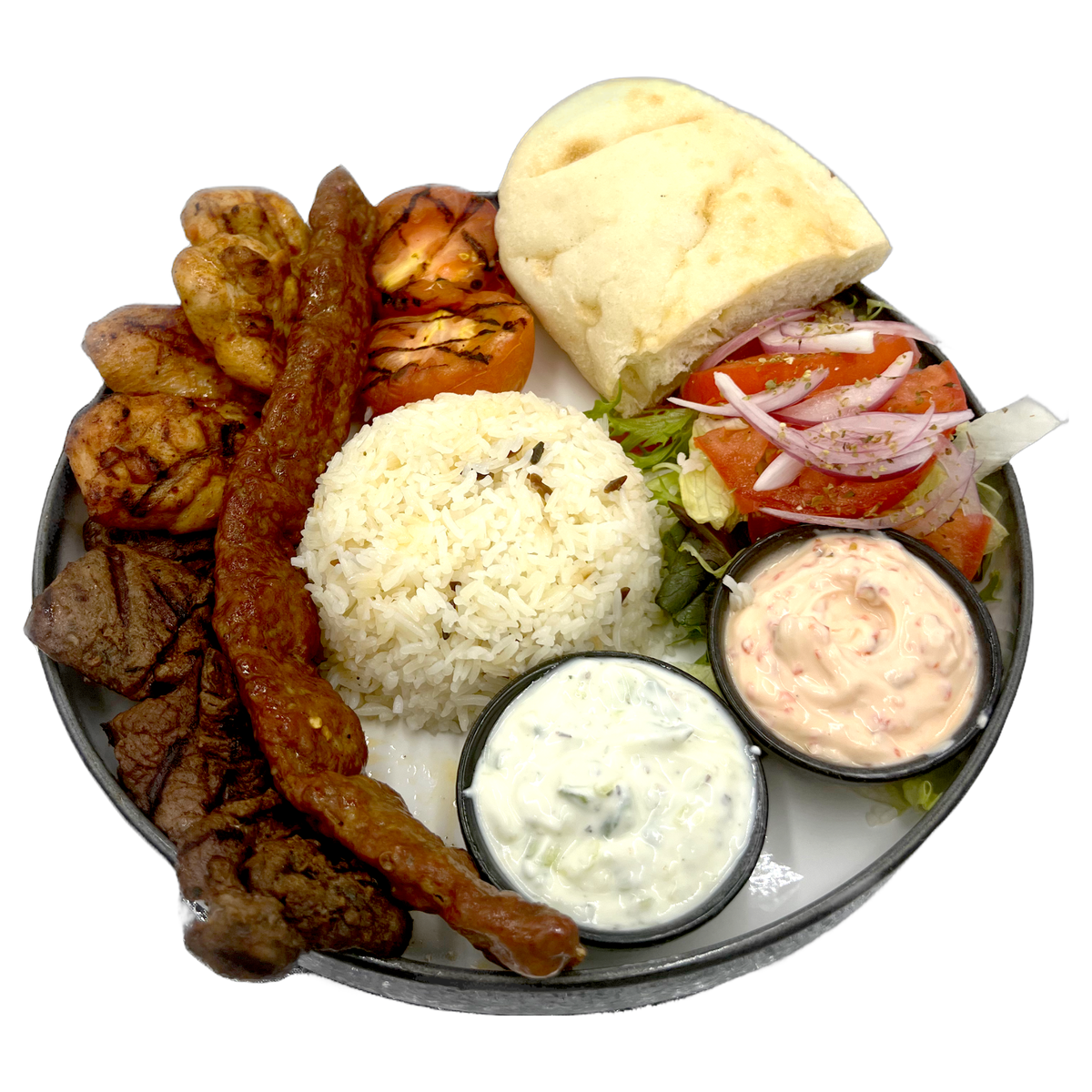 Mix Grilled Platter with chicken, lamb, Adana, rice, salad, bread and dips